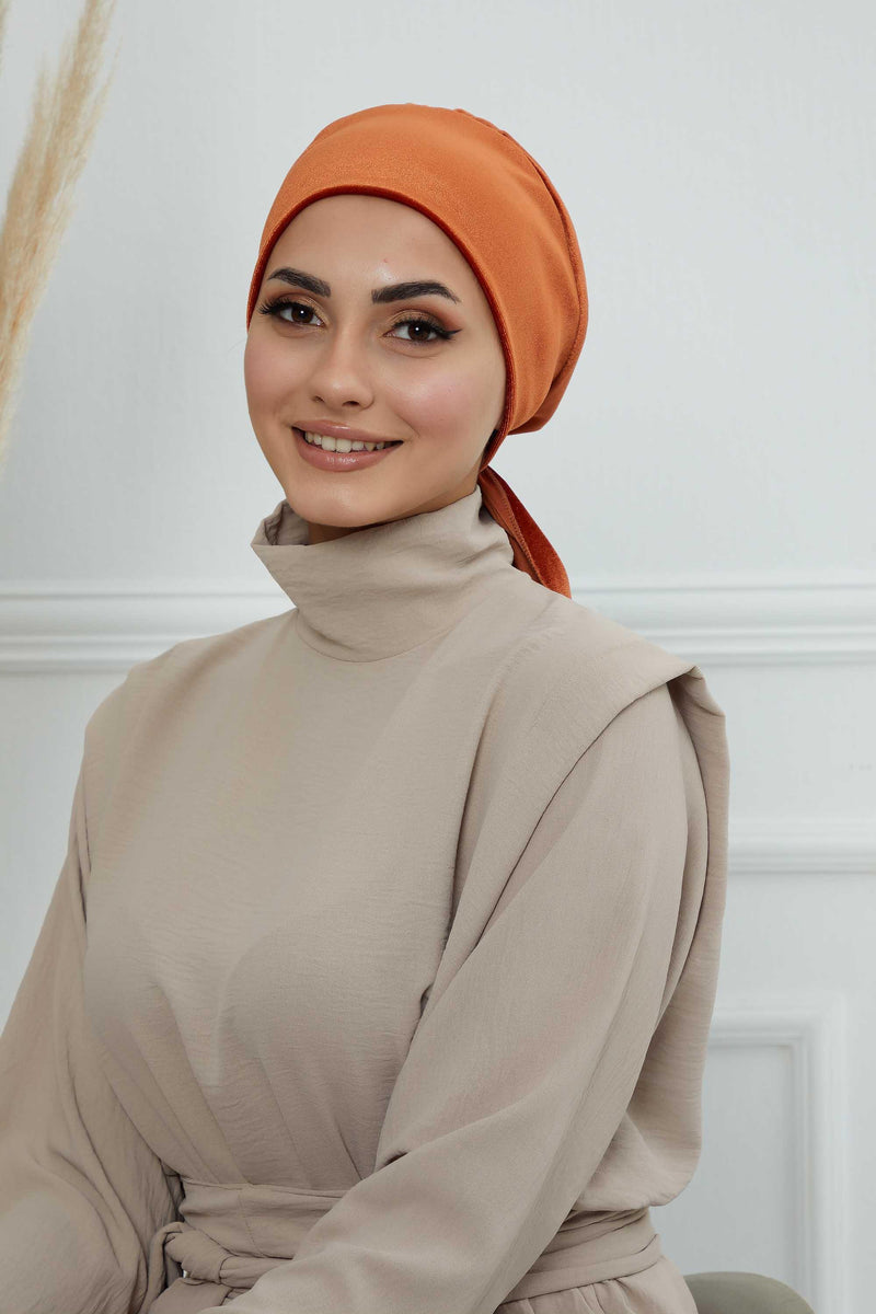 Velvet Easy Wrap Instant Turban for Women, Pre-Tied Turban with Long Tail at the Back Side, Super Soft High Quality Chemo Headwear,B-49K Tile Red