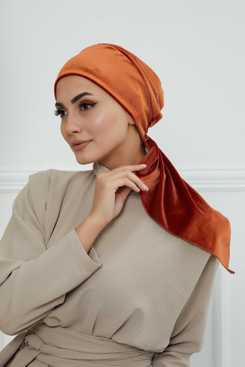 Velvet Easy Wrap Instant Turban for Women, Pre-Tied Turban with Long Tail at the Back Side, Super Soft High Quality Chemo Headwear,B-49K Tile Red