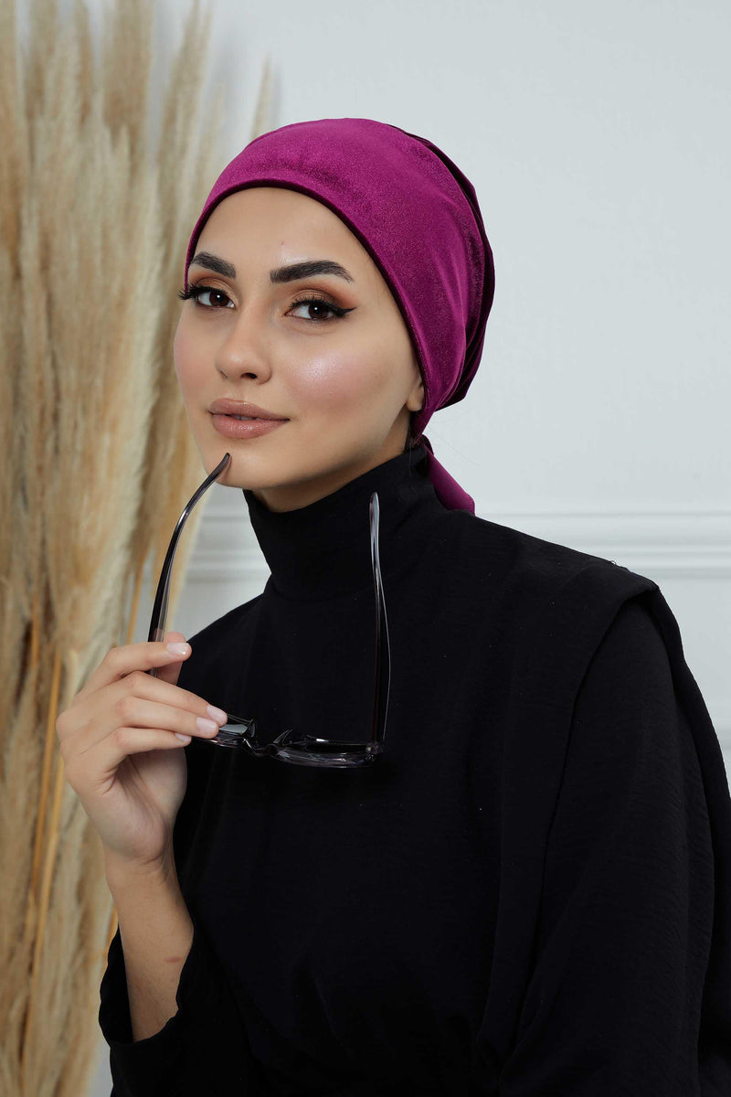 Velvet Easy Wrap Instant Turban for Women, Pre-Tied Turban with Long Tail at the Back Side, Super Soft High Quality Chemo Headwear,B-49K Purple