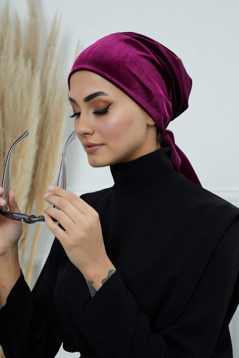 Velvet Easy Wrap Instant Turban for Women, Pre-Tied Turban with Long Tail at the Back Side, Super Soft High Quality Chemo Headwear,B-49K Purple