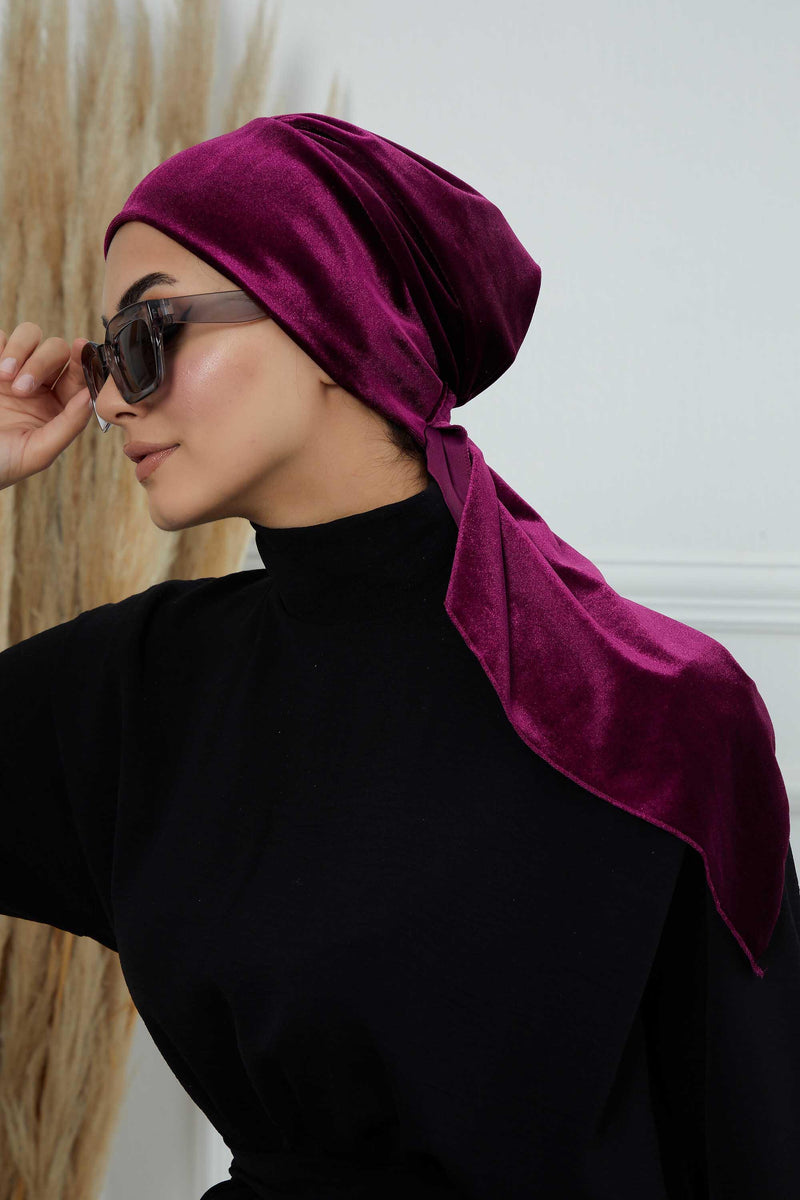 Velvet Easy Wrap Instant Turban for Women, Pre-Tied Turban with Long Tail at the Back Side, Super Soft High Quality Chemo Headwear,B-49K Purple