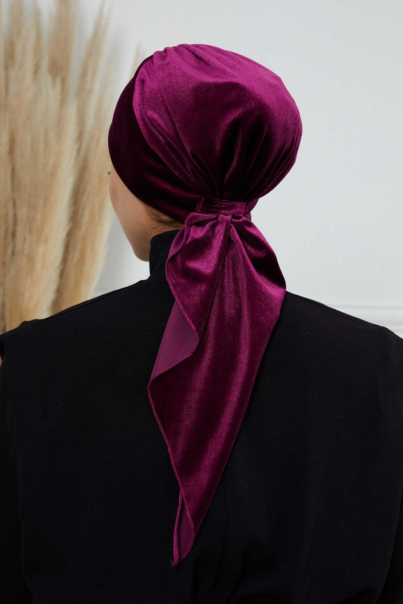 Velvet Easy Wrap Instant Turban for Women, Pre-Tied Turban with Long Tail at the Back Side, Super Soft High Quality Chemo Headwear,B-49K Purple