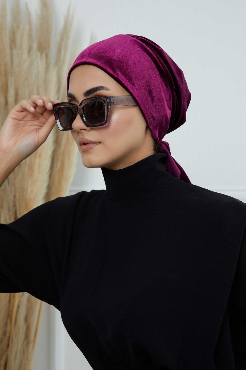 Velvet Easy Wrap Instant Turban for Women, Pre-Tied Turban with Long Tail at the Back Side, Super Soft High Quality Chemo Headwear,B-49K Purple