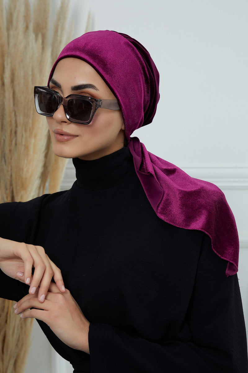 Velvet Easy Wrap Instant Turban for Women, Pre-Tied Turban with Long Tail at the Back Side, Super Soft High Quality Chemo Headwear,B-49K Purple