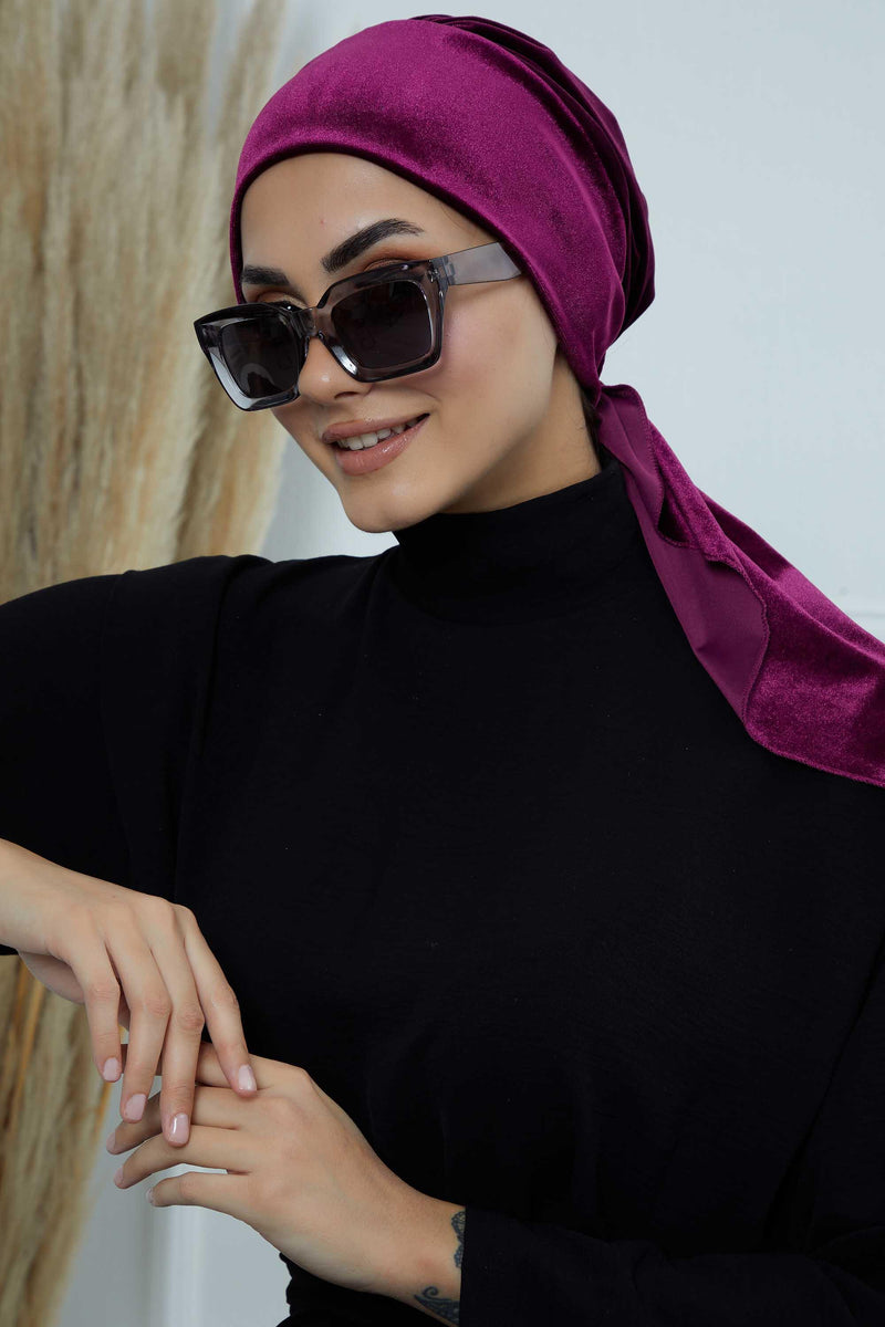 Velvet Easy Wrap Instant Turban for Women, Pre-Tied Turban with Long Tail at the Back Side, Super Soft High Quality Chemo Headwear,B-49K Purple