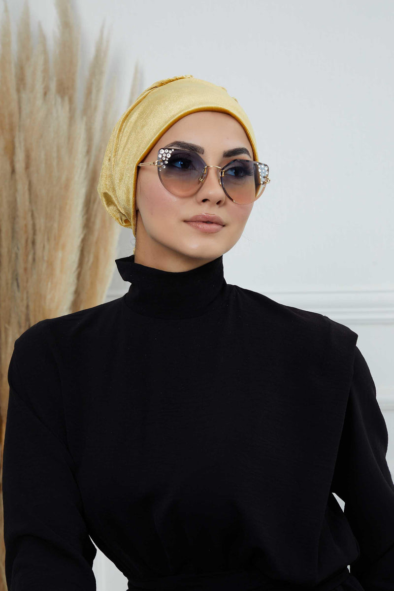 Velvet Easy Wrap Instant Turban for Women, Pre-Tied Turban with Long Tail at the Back Side, Super Soft High Quality Chemo Headwear,B-49K Mustard Yellow