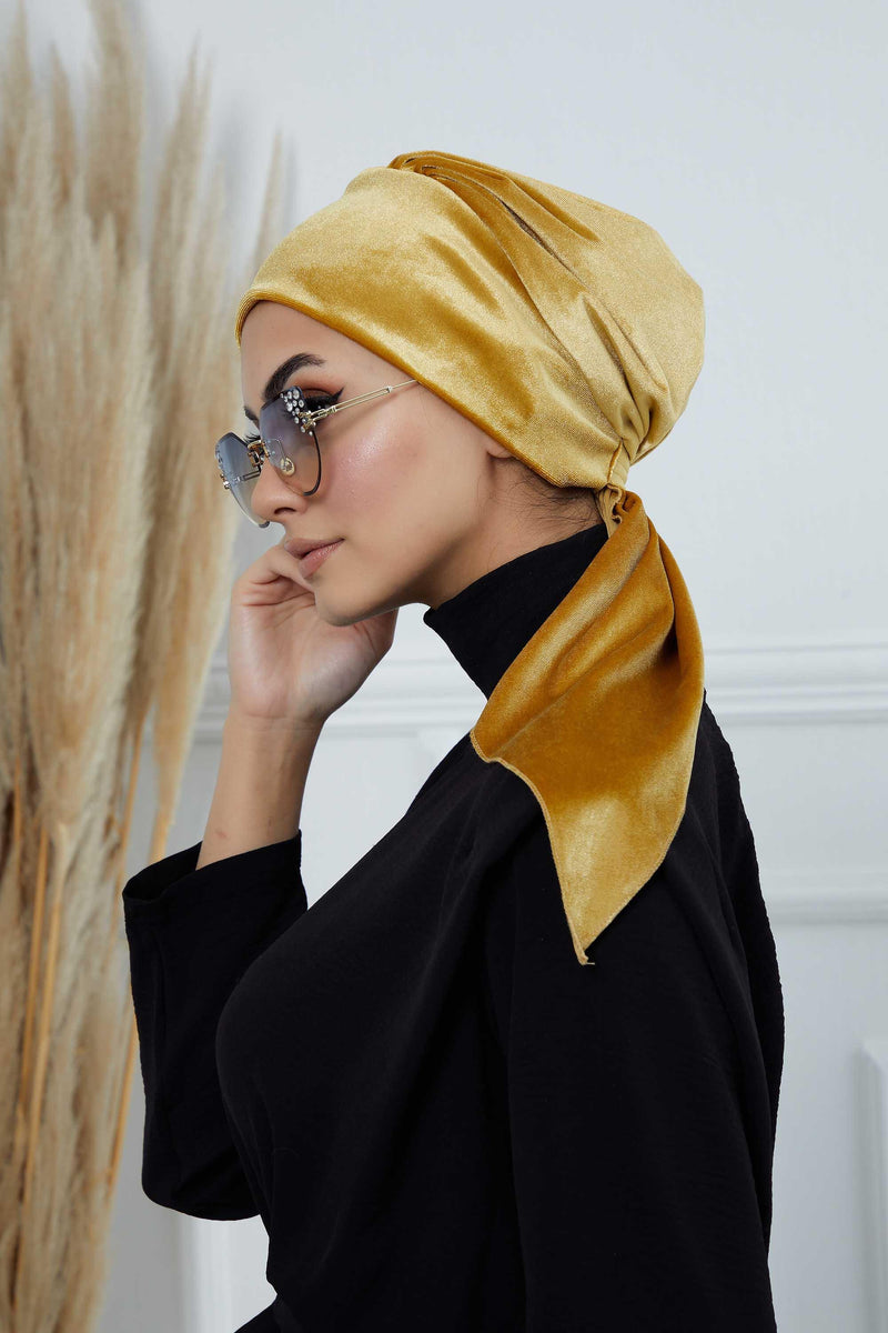 Velvet Easy Wrap Instant Turban for Women, Pre-Tied Turban with Long Tail at the Back Side, Super Soft High Quality Chemo Headwear,B-49K Mustard Yellow