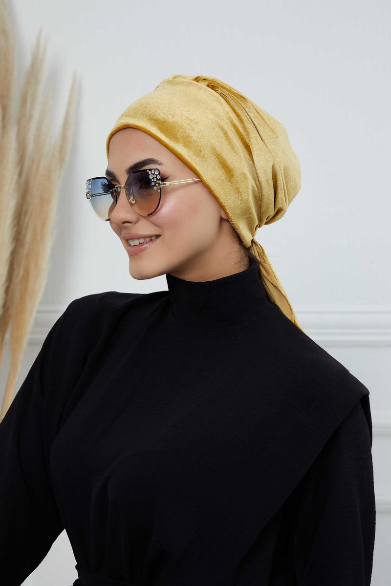 Velvet Easy Wrap Instant Turban for Women, Pre-Tied Turban with Long Tail at the Back Side, Super Soft High Quality Chemo Headwear,B-49K Mustard Yellow