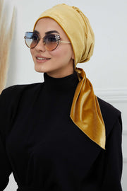 Velvet Easy Wrap Instant Turban for Women, Pre-Tied Turban with Long Tail at the Back Side, Super Soft High Quality Chemo Headwear,B-49K Mustard Yellow