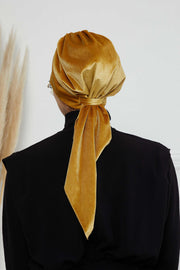 Velvet Easy Wrap Instant Turban for Women, Pre-Tied Turban with Long Tail at the Back Side, Super Soft High Quality Chemo Headwear,B-49K Mustard Yellow