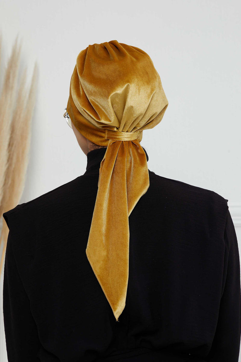 Velvet Easy Wrap Instant Turban for Women, Pre-Tied Turban with Long Tail at the Back Side, Super Soft High Quality Chemo Headwear,B-49K Mustard Yellow
