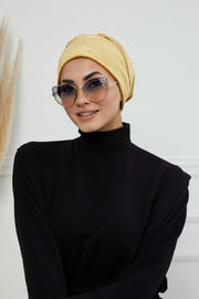 Velvet Easy Wrap Instant Turban for Women, Pre-Tied Turban with Long Tail at the Back Side, Super Soft High Quality Chemo Headwear,B-49K Mustard Yellow