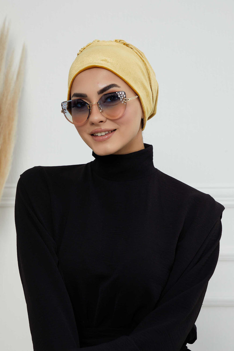 Velvet Easy Wrap Instant Turban for Women, Pre-Tied Turban with Long Tail at the Back Side, Super Soft High Quality Chemo Headwear,B-49K Mustard Yellow