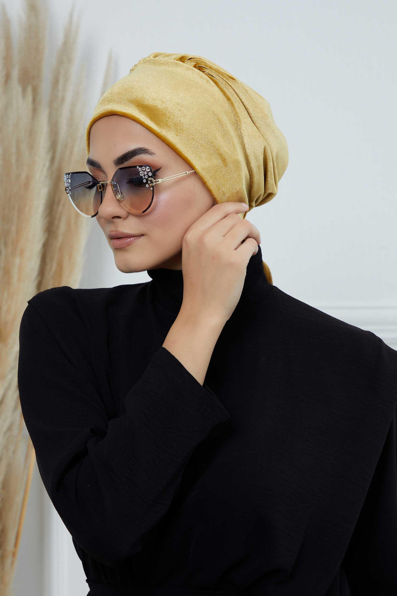 Velvet Easy Wrap Instant Turban for Women, Pre-Tied Turban with Long Tail at the Back Side, Super Soft High Quality Chemo Headwear,B-49K Mustard Yellow