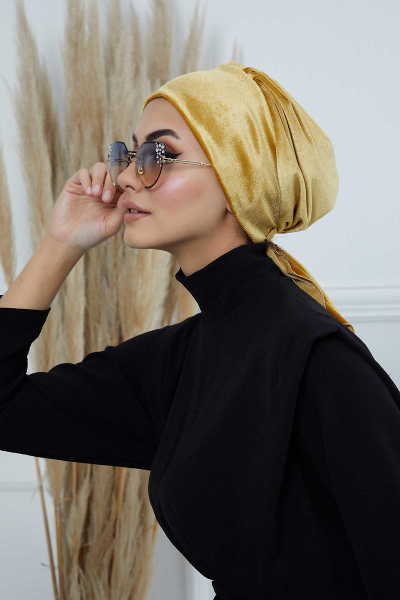 Velvet Easy Wrap Instant Turban for Women, Pre-Tied Turban with Long Tail at the Back Side, Super Soft High Quality Chemo Headwear,B-49K Mustard Yellow