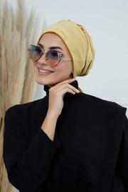 Velvet Easy Wrap Instant Turban for Women, Pre-Tied Turban with Long Tail at the Back Side, Super Soft High Quality Chemo Headwear,B-49K Mustard Yellow