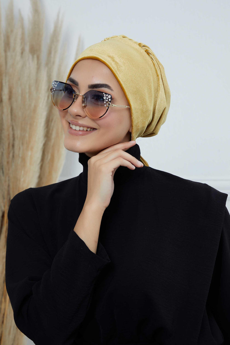 Velvet Easy Wrap Instant Turban for Women, Pre-Tied Turban with Long Tail at the Back Side, Super Soft High Quality Chemo Headwear,B-49K Mustard Yellow