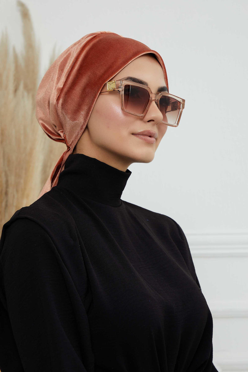 Velvet Easy Wrap Instant Turban for Women, Pre-Tied Turban with Long Tail at the Back Side, Super Soft High Quality Chemo Headwear,B-49K Salmon