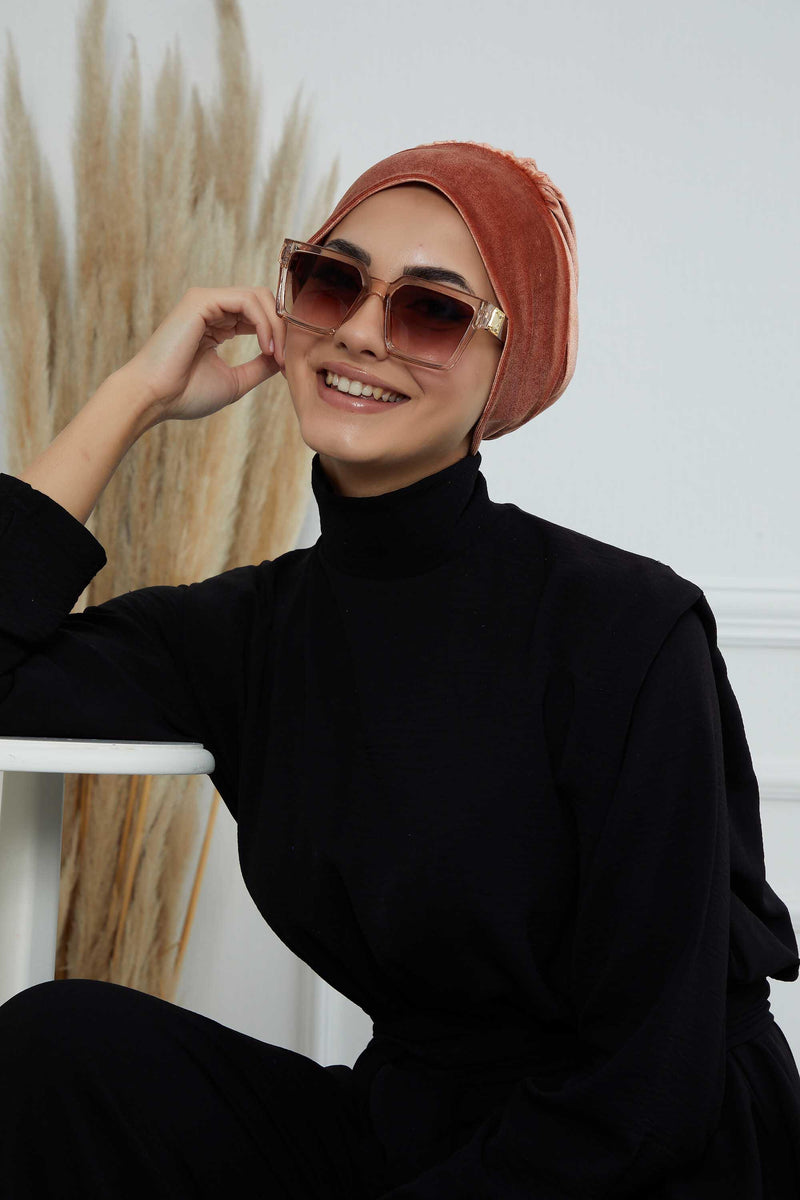 Velvet Easy Wrap Instant Turban for Women, Pre-Tied Turban with Long Tail at the Back Side, Super Soft High Quality Chemo Headwear,B-49K Salmon