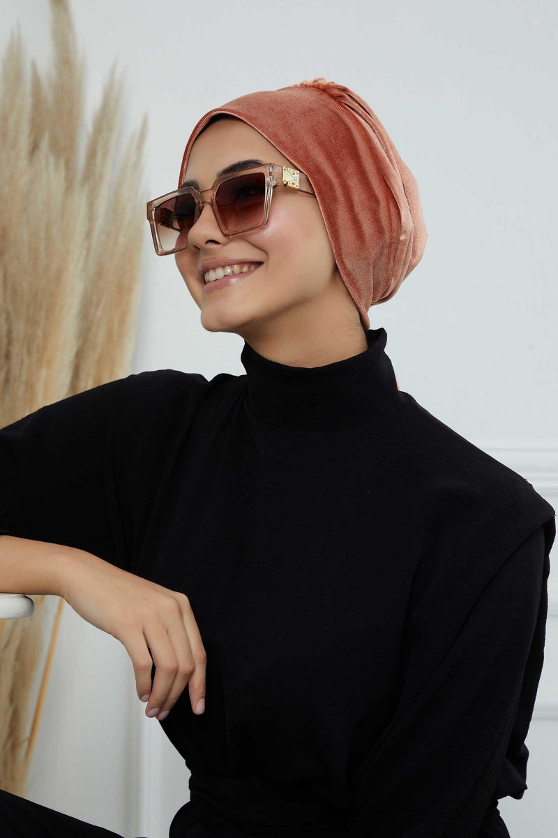 Velvet Easy Wrap Instant Turban for Women, Pre-Tied Turban with Long Tail at the Back Side, Super Soft High Quality Chemo Headwear,B-49K Salmon