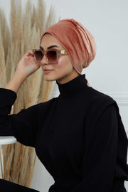 Velvet Easy Wrap Instant Turban for Women, Pre-Tied Turban with Long Tail at the Back Side, Super Soft High Quality Chemo Headwear,B-49K Salmon