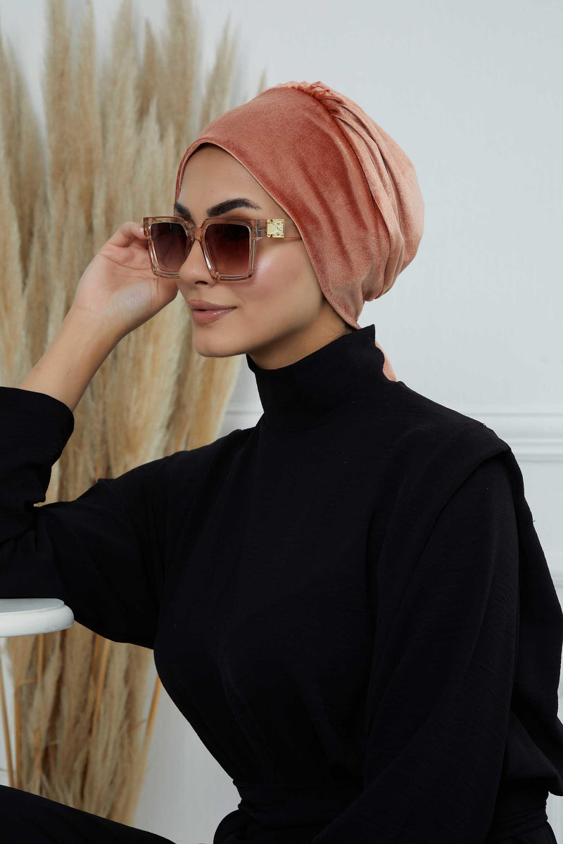 Velvet Easy Wrap Instant Turban for Women, Pre-Tied Turban with Long Tail at the Back Side, Super Soft High Quality Chemo Headwear,B-49K Salmon