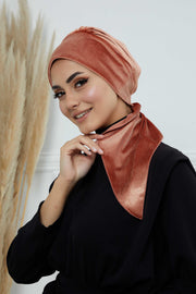 Velvet Easy Wrap Instant Turban for Women, Pre-Tied Turban with Long Tail at the Back Side, Super Soft High Quality Chemo Headwear,B-49K Salmon
