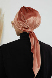 Velvet Easy Wrap Instant Turban for Women, Pre-Tied Turban with Long Tail at the Back Side, Super Soft High Quality Chemo Headwear,B-49K Salmon