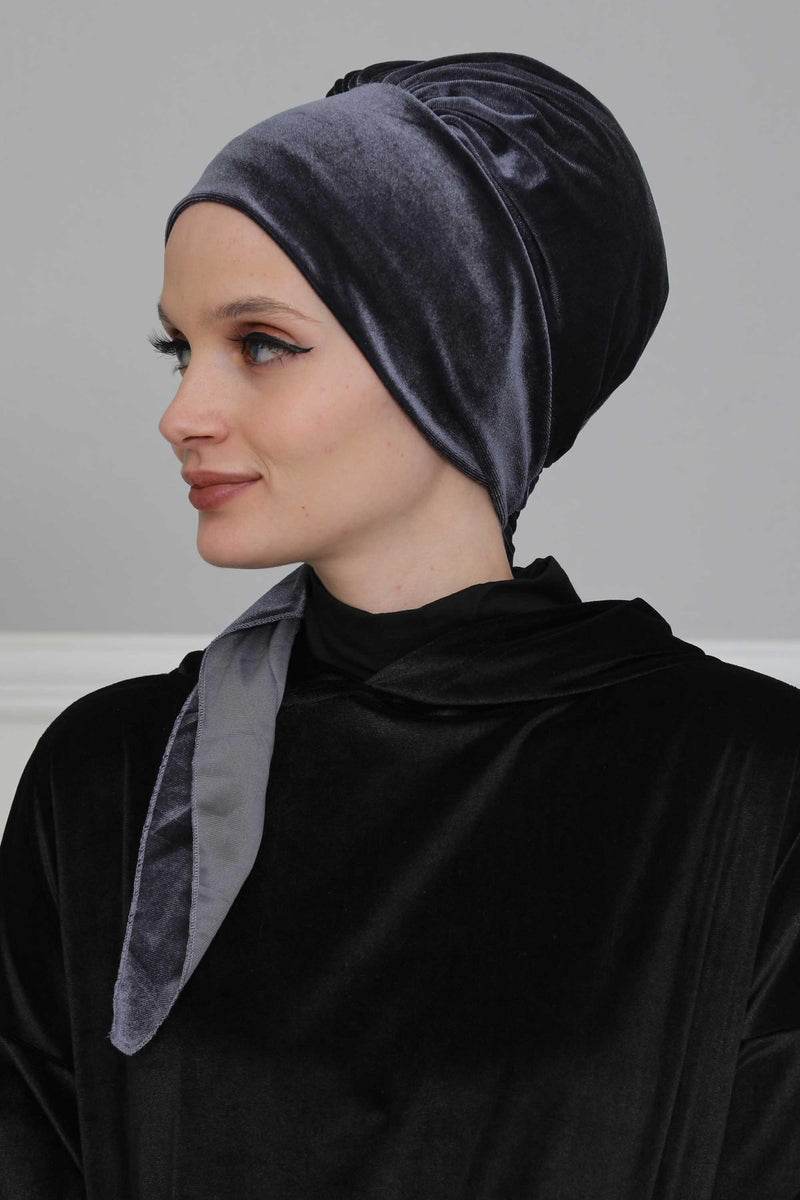 Velvet Easy Wrap Instant Turban for Women, Pre-Tied Turban with Long Tail at the Back Side, Super Soft High Quality Chemo Headwear,B-49K Anthracite