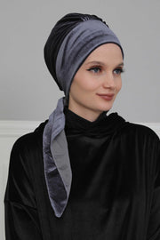 Velvet Easy Wrap Instant Turban for Women, Pre-Tied Turban with Long Tail at the Back Side, Super Soft High Quality Chemo Headwear,B-49K Anthracite