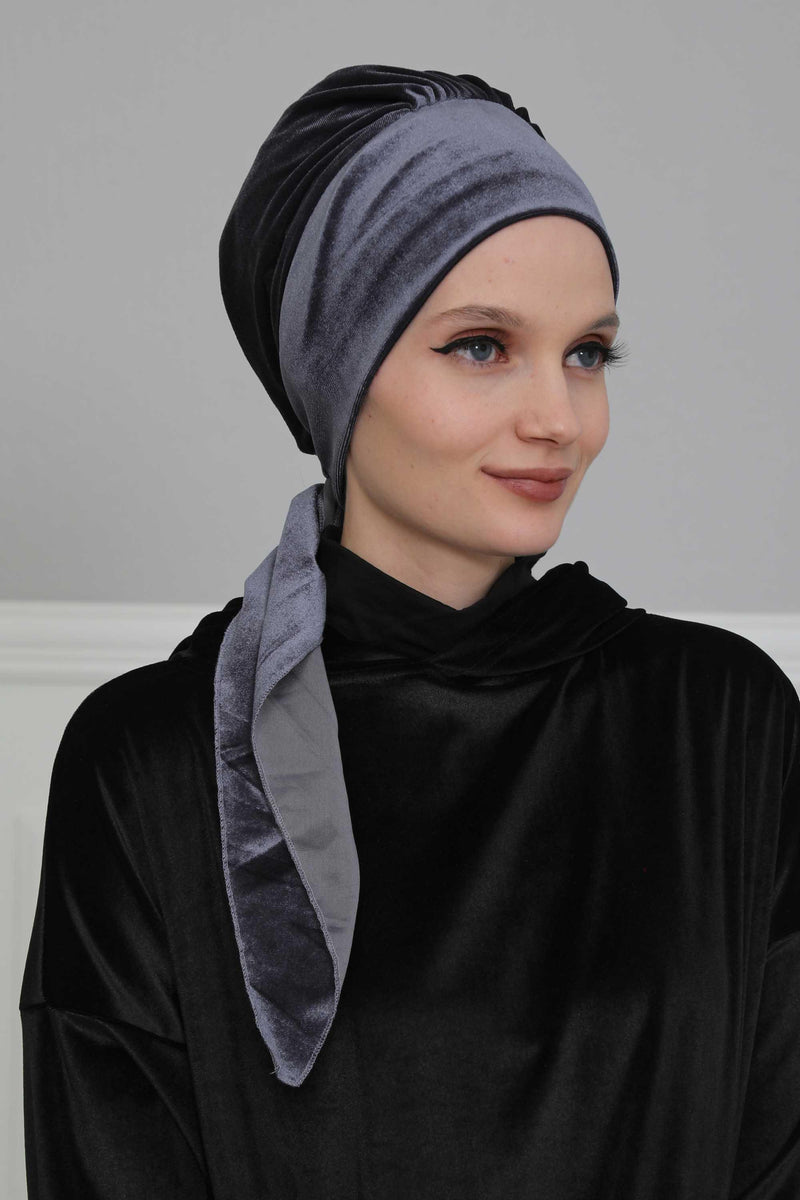 Velvet Easy Wrap Instant Turban for Women, Pre-Tied Turban with Long Tail at the Back Side, Super Soft High Quality Chemo Headwear,B-49K Anthracite
