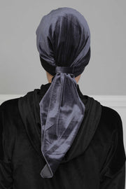 Velvet Easy Wrap Instant Turban for Women, Pre-Tied Turban with Long Tail at the Back Side, Super Soft High Quality Chemo Headwear,B-49K Anthracite