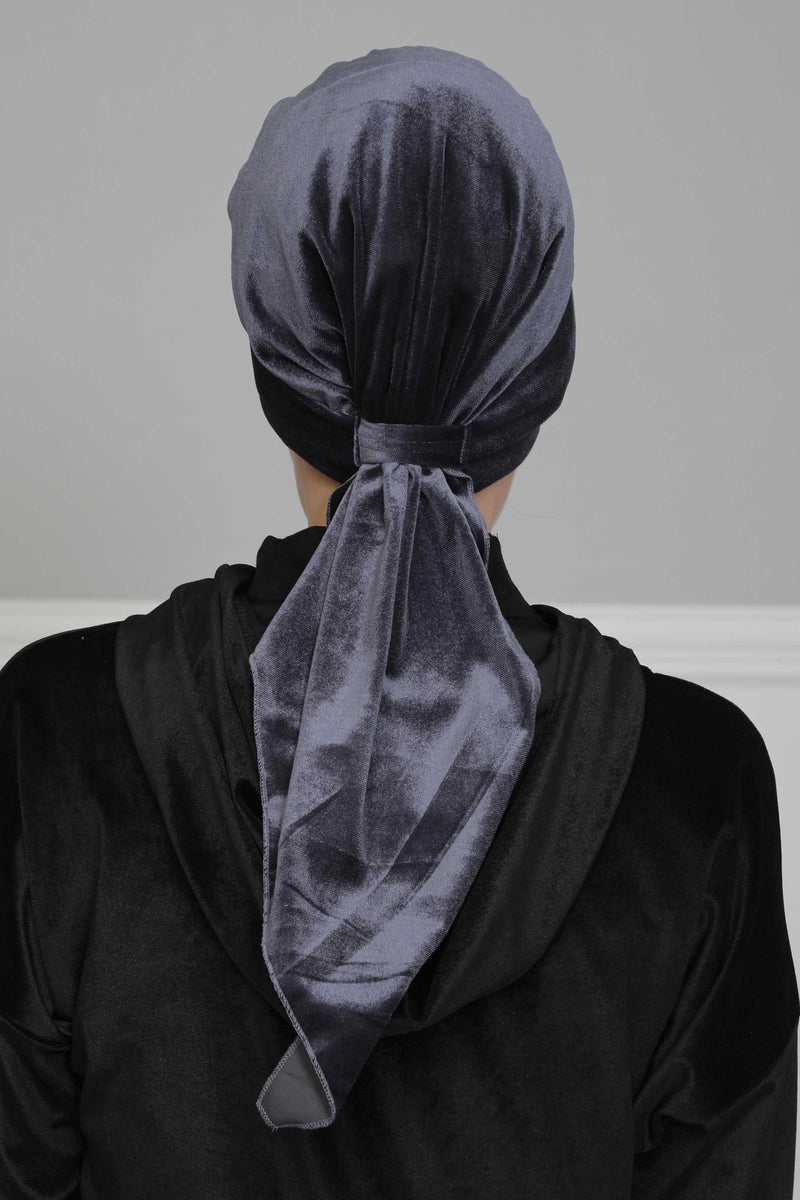 Velvet Easy Wrap Instant Turban for Women, Pre-Tied Turban with Long Tail at the Back Side, Super Soft High Quality Chemo Headwear,B-49K Anthracite