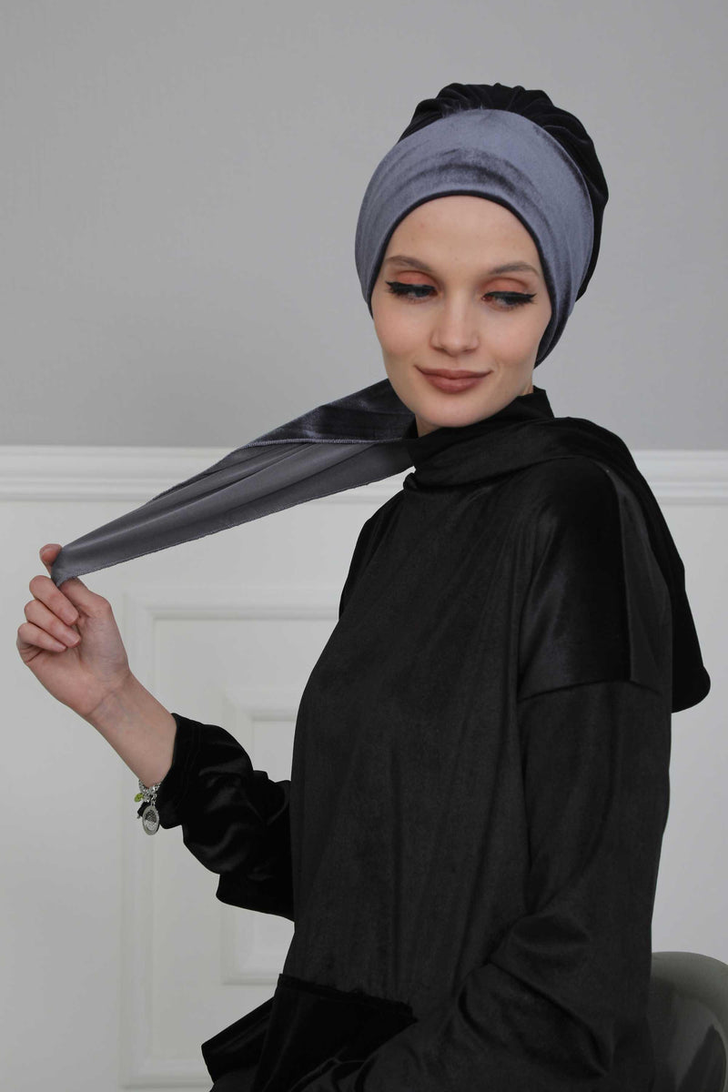 Velvet Easy Wrap Instant Turban for Women, Pre-Tied Turban with Long Tail at the Back Side, Super Soft High Quality Chemo Headwear,B-49K Anthracite