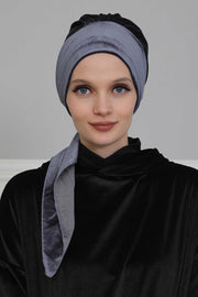 Velvet Easy Wrap Instant Turban for Women, Pre-Tied Turban with Long Tail at the Back Side, Super Soft High Quality Chemo Headwear,B-49K Anthracite