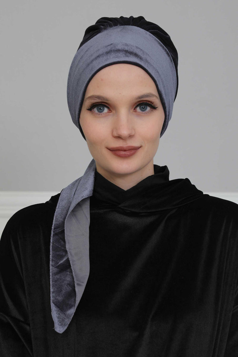 Velvet Easy Wrap Instant Turban for Women, Pre-Tied Turban with Long Tail at the Back Side, Super Soft High Quality Chemo Headwear,B-49K Anthracite