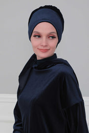 Velvet Easy Wrap Instant Turban for Women, Pre-Tied Turban with Long Tail at the Back Side, Super Soft High Quality Chemo Headwear,B-49K Navy Blue