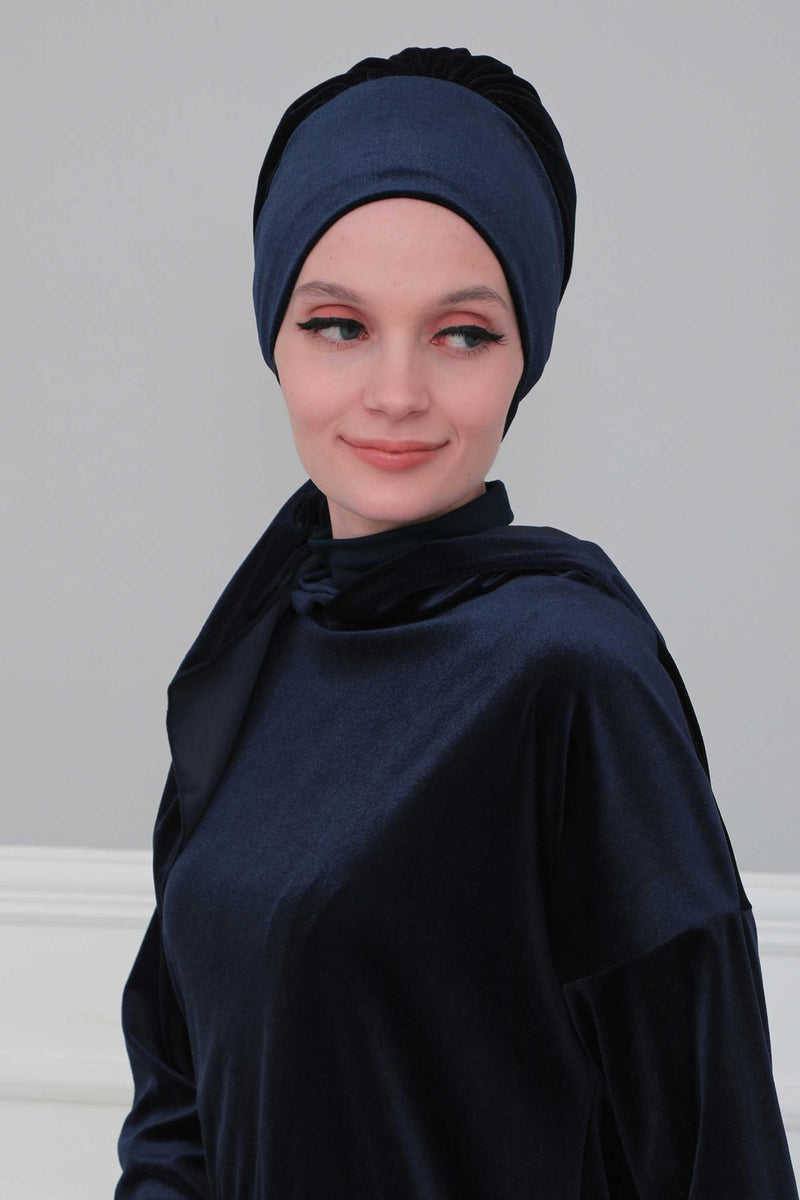 Velvet Easy Wrap Instant Turban for Women, Pre-Tied Turban with Long Tail at the Back Side, Super Soft High Quality Chemo Headwear,B-49K Navy Blue