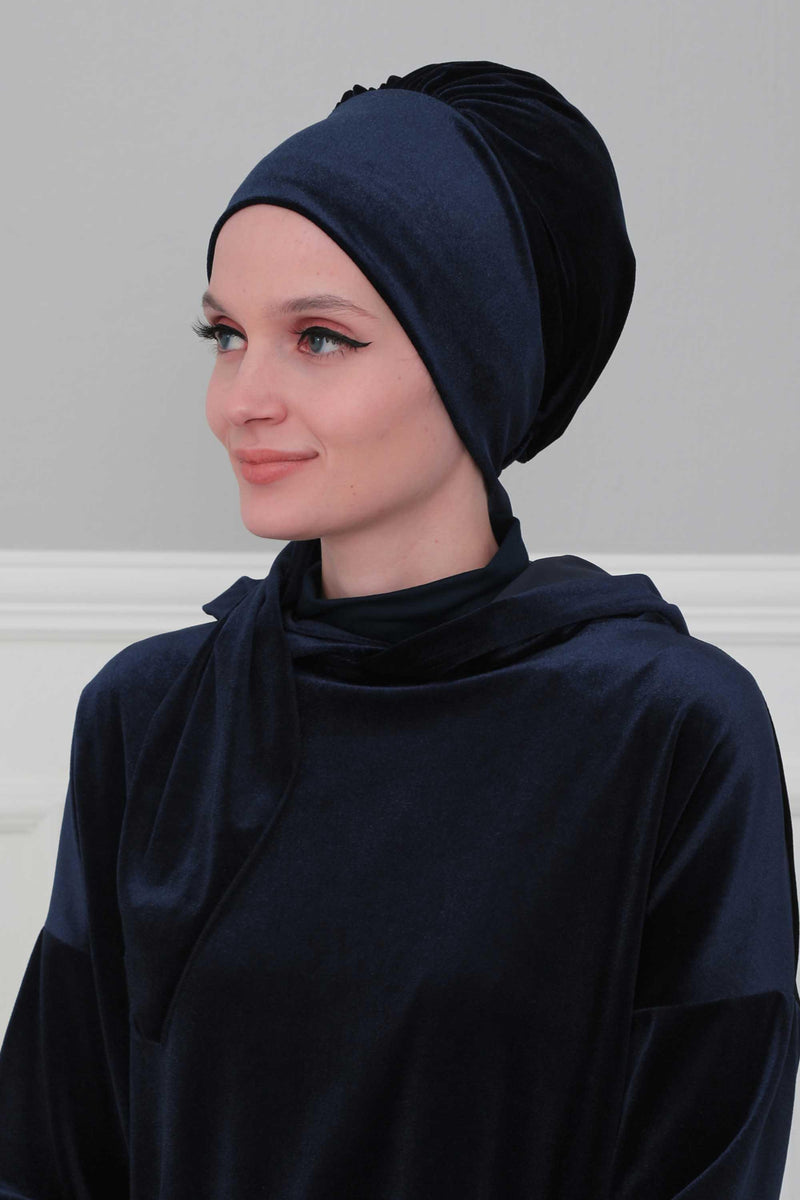 Velvet Easy Wrap Instant Turban for Women, Pre-Tied Turban with Long Tail at the Back Side, Super Soft High Quality Chemo Headwear,B-49K Navy Blue