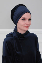 Velvet Easy Wrap Instant Turban for Women, Pre-Tied Turban with Long Tail at the Back Side, Super Soft High Quality Chemo Headwear,B-49K Navy Blue