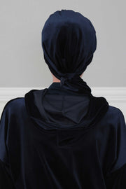 Velvet Easy Wrap Instant Turban for Women, Pre-Tied Turban with Long Tail at the Back Side, Super Soft High Quality Chemo Headwear,B-49K Navy Blue