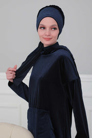 Velvet Easy Wrap Instant Turban for Women, Pre-Tied Turban with Long Tail at the Back Side, Super Soft High Quality Chemo Headwear,B-49K Navy Blue