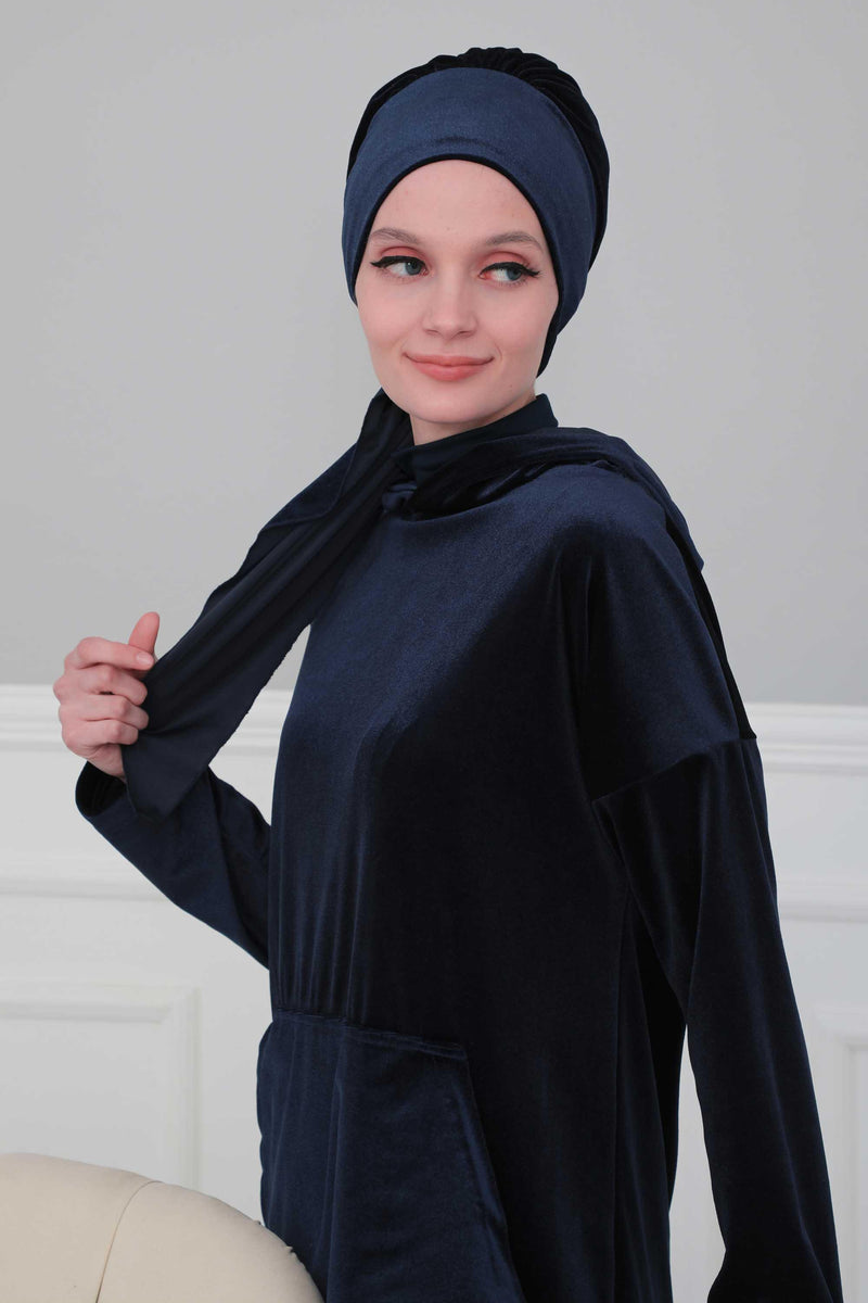 Velvet Easy Wrap Instant Turban for Women, Pre-Tied Turban with Long Tail at the Back Side, Super Soft High Quality Chemo Headwear,B-49K Navy Blue