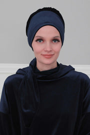 Velvet Easy Wrap Instant Turban for Women, Pre-Tied Turban with Long Tail at the Back Side, Super Soft High Quality Chemo Headwear,B-49K Navy Blue