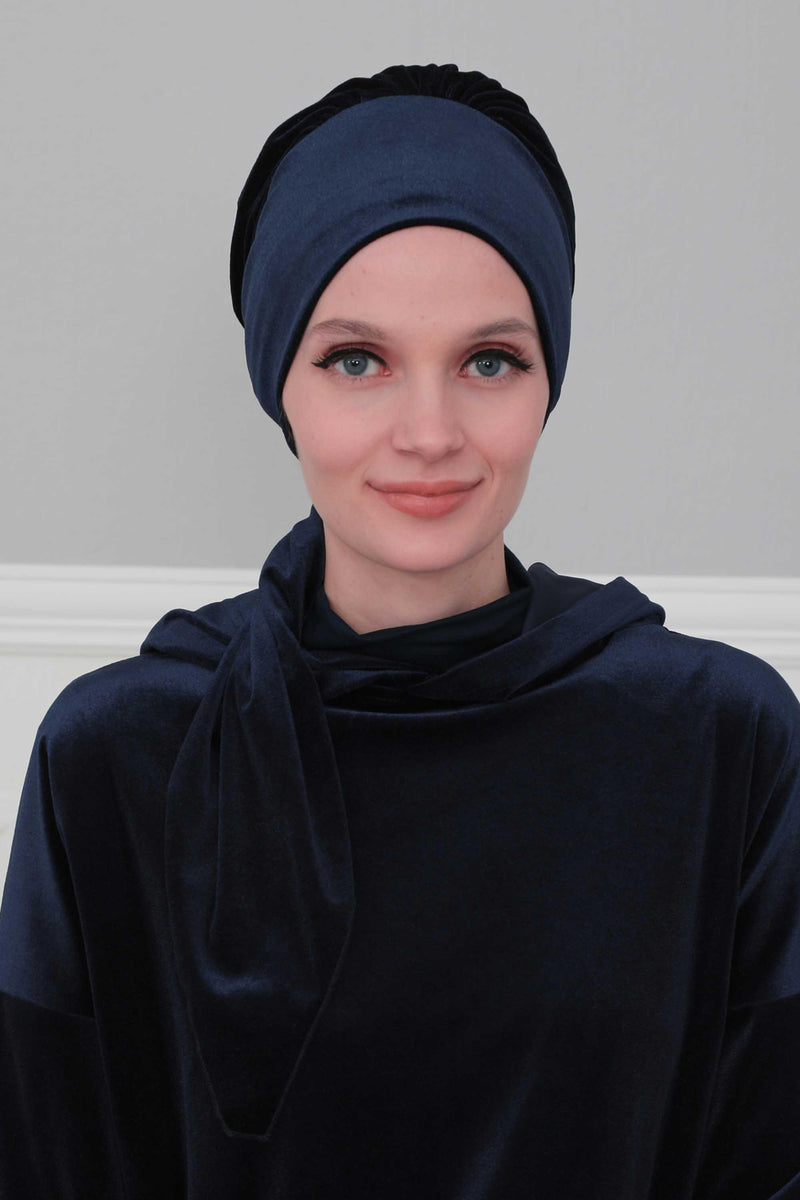 Velvet Easy Wrap Instant Turban for Women, Pre-Tied Turban with Long Tail at the Back Side, Super Soft High Quality Chemo Headwear,B-49K Navy Blue
