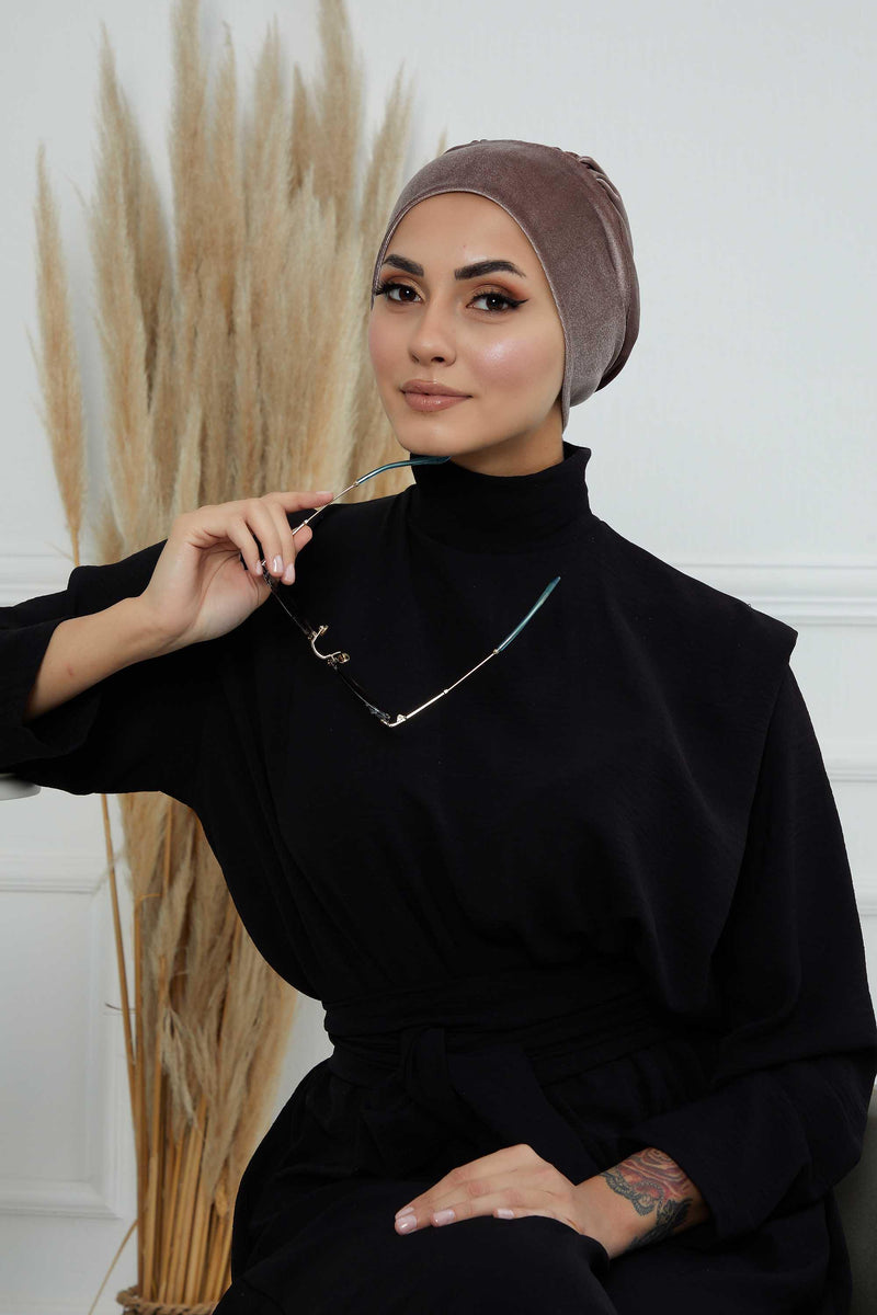 Velvet Easy Wrap Instant Turban for Women, Pre-Tied Turban with Long Tail at the Back Side, Super Soft High Quality Chemo Headwear,B-49K Mink