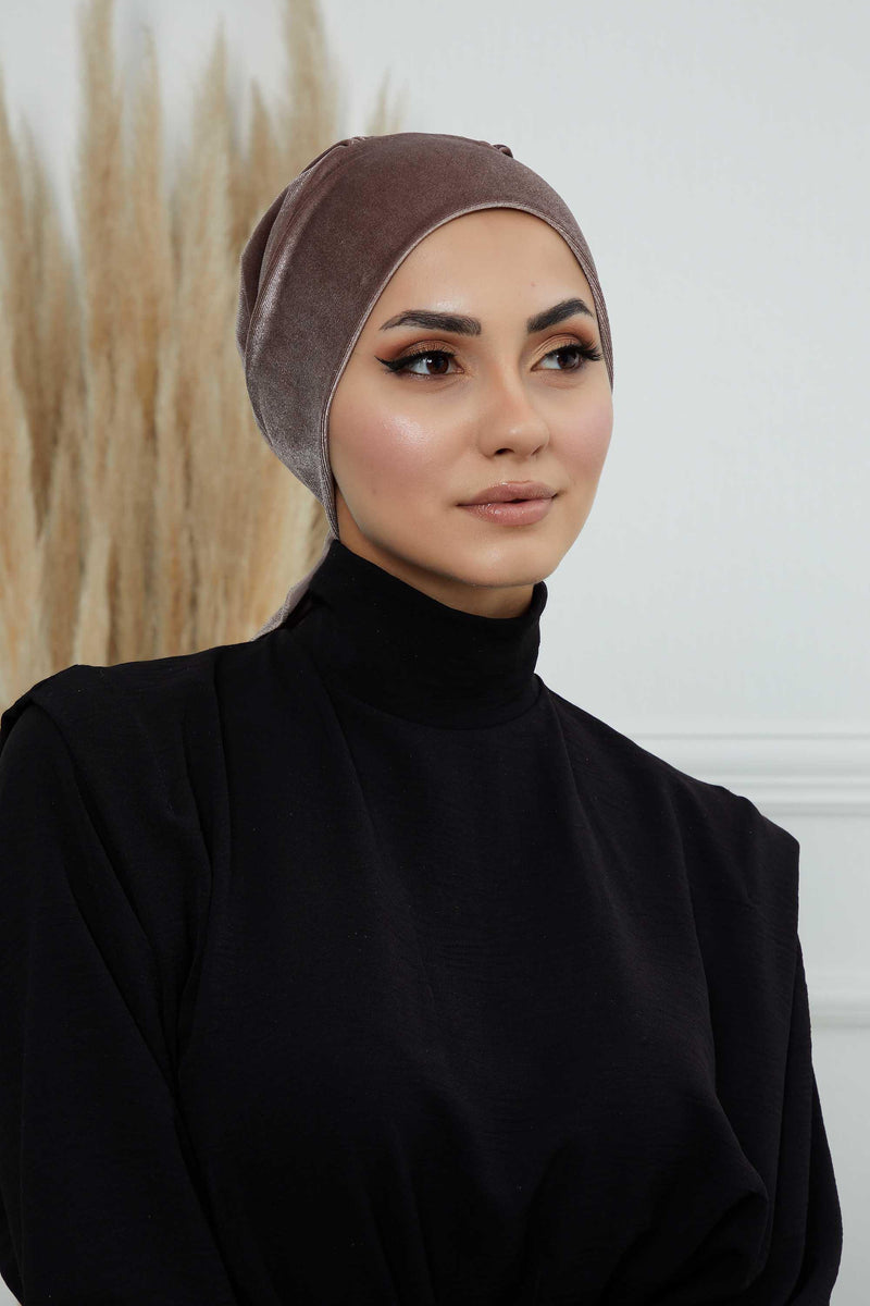Velvet Easy Wrap Instant Turban for Women, Pre-Tied Turban with Long Tail at the Back Side, Super Soft High Quality Chemo Headwear,B-49K Mink