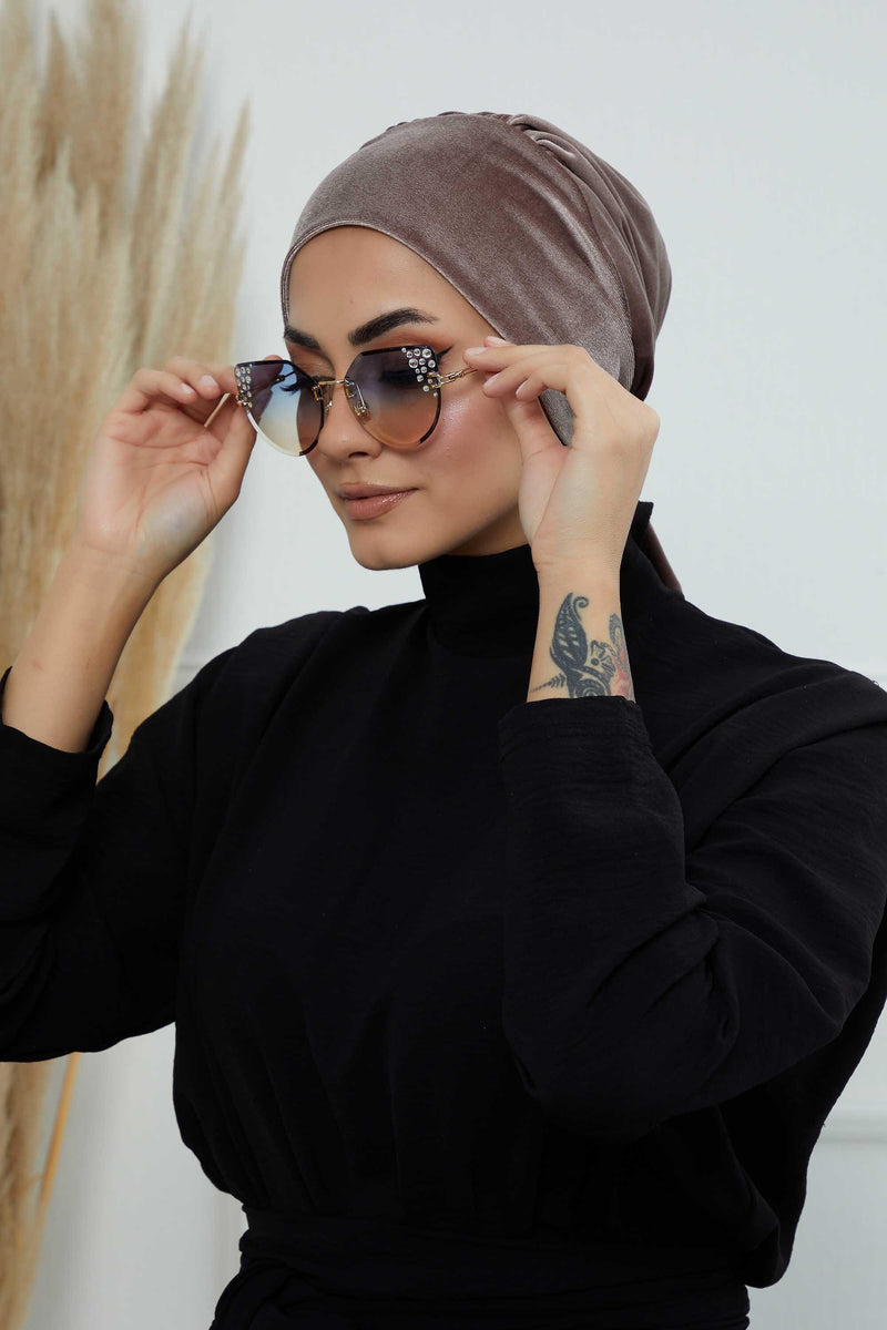 Velvet Easy Wrap Instant Turban for Women, Pre-Tied Turban with Long Tail at the Back Side, Super Soft High Quality Chemo Headwear,B-49K Mink