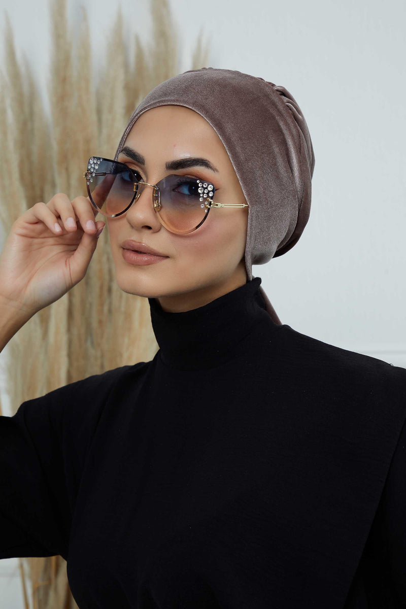 Velvet Easy Wrap Instant Turban for Women, Pre-Tied Turban with Long Tail at the Back Side, Super Soft High Quality Chemo Headwear,B-49K Mink