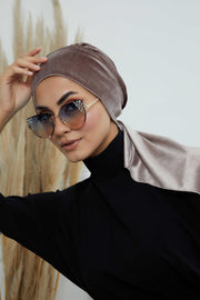 Velvet Easy Wrap Instant Turban for Women, Pre-Tied Turban with Long Tail at the Back Side, Super Soft High Quality Chemo Headwear,B-49K Mink